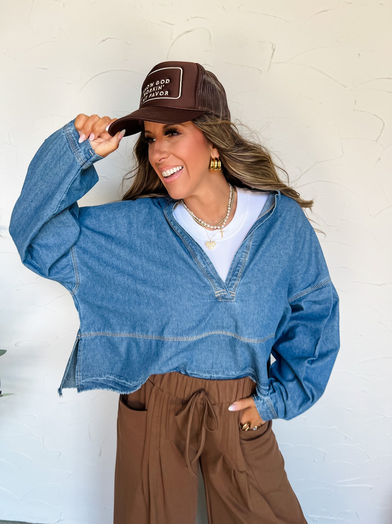 Wonder With Me Mineral Washed Long Sleeve Top- Dark Denim