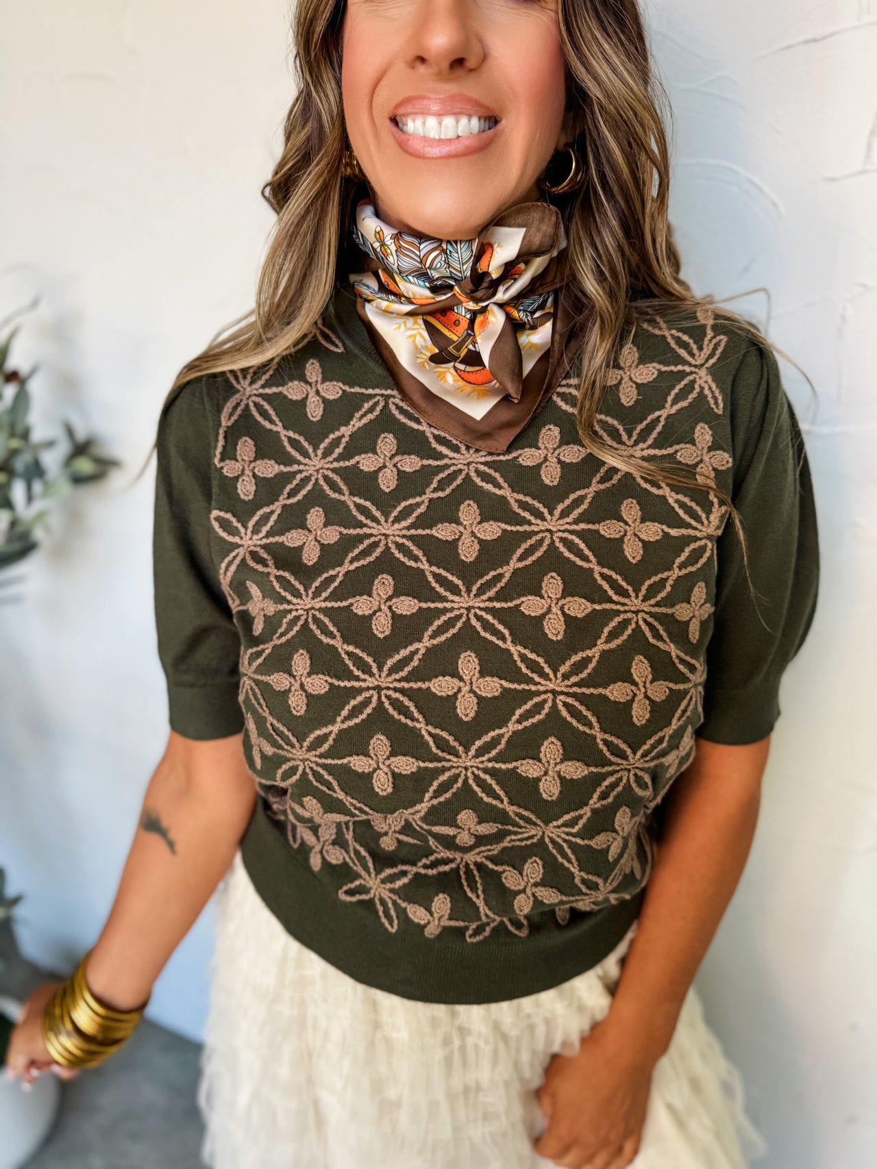 Against The Grain Embroidered Short Sleeve Sweater-Olive Mocha
