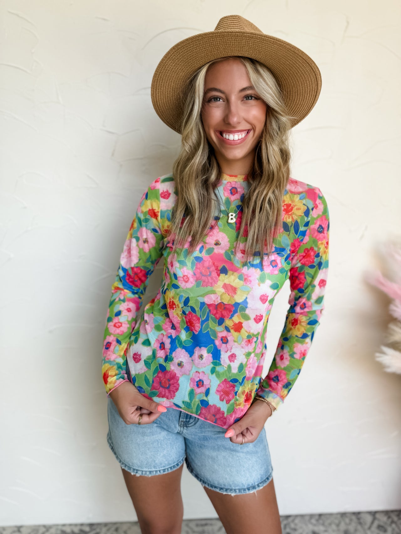 Poppy Fields Of Color Long Sleeve Floral Mesh Top