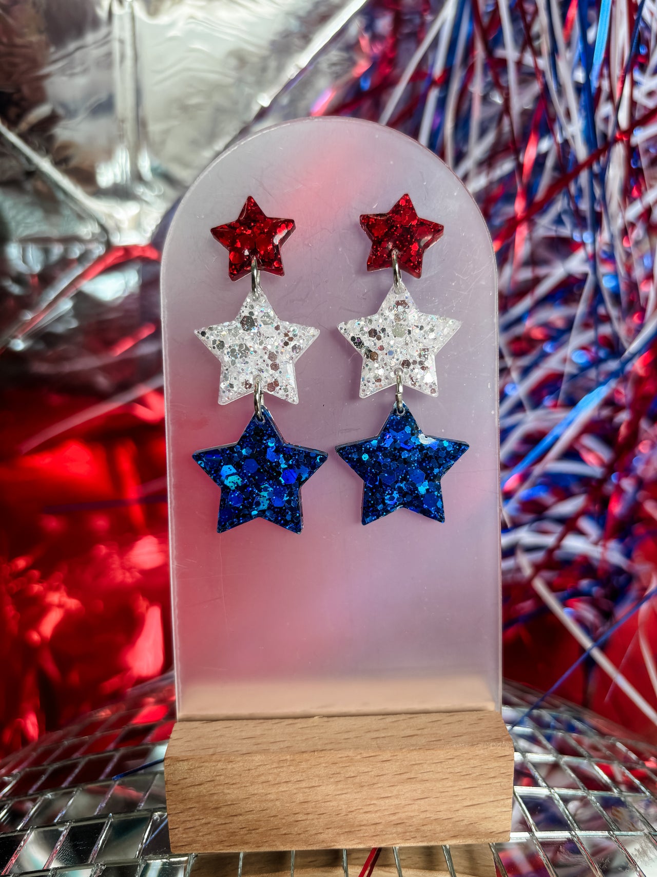 3 Star Dangle Earrings- Red/ White/Blue