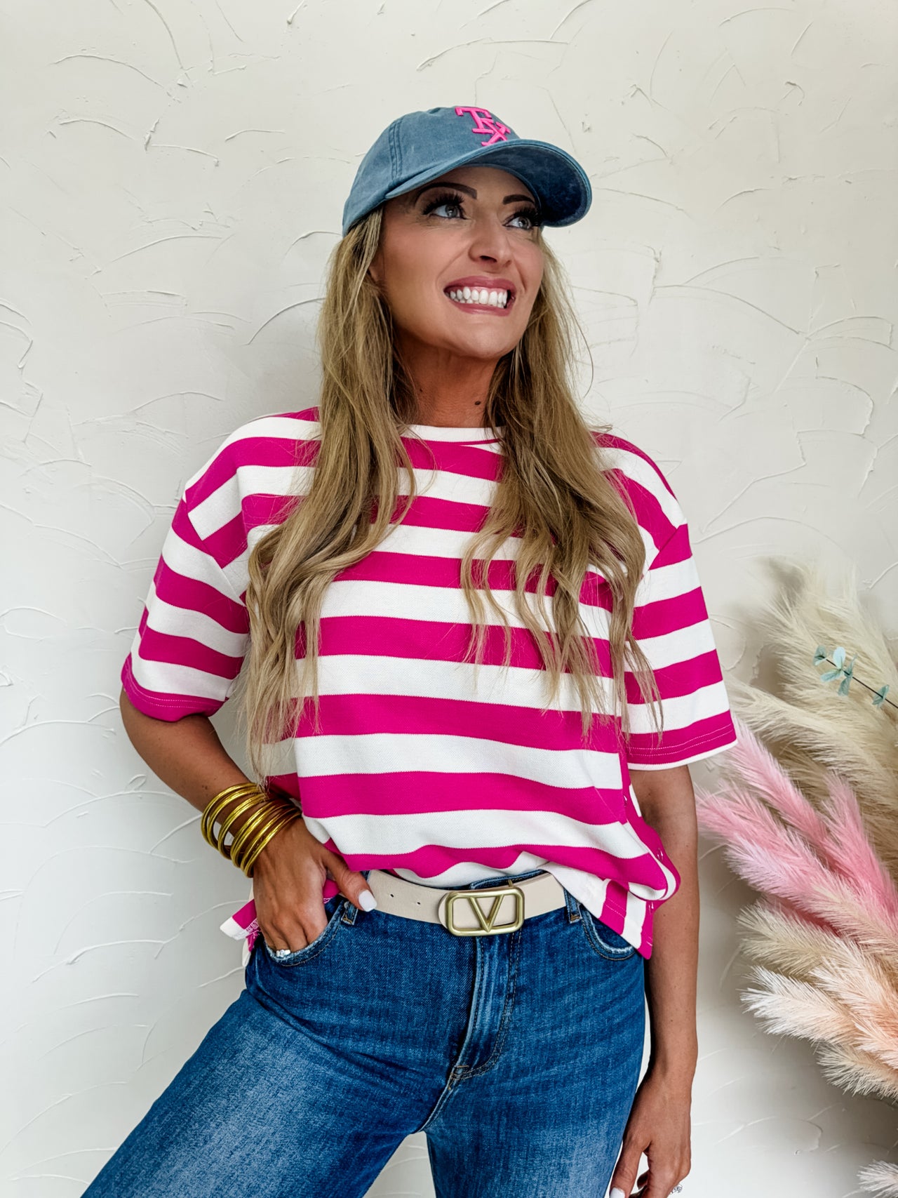 It Takes Me Back Short Sleeve Striped Knit Top- Fuchsia