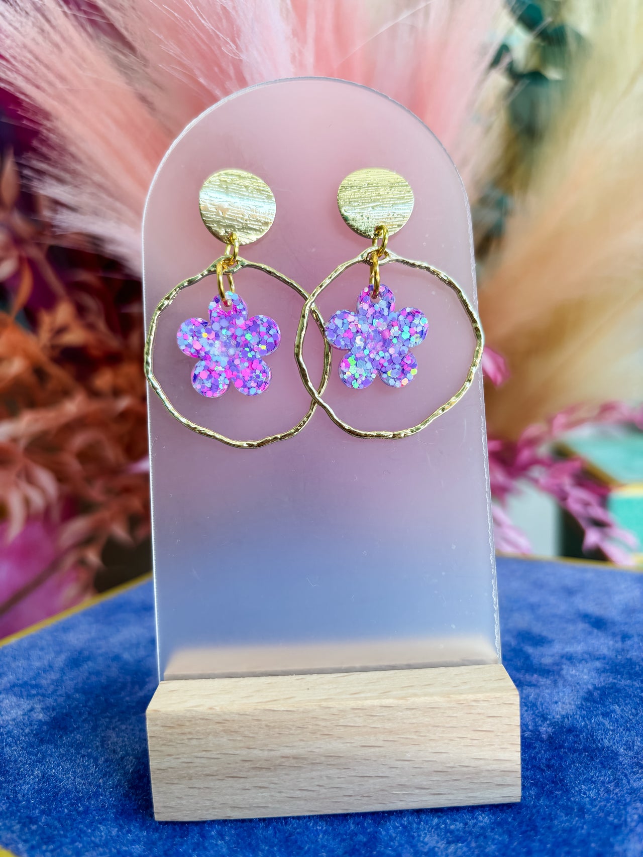 Cotton Candy Open Gold Circle w/Daisy Dangle Earrings