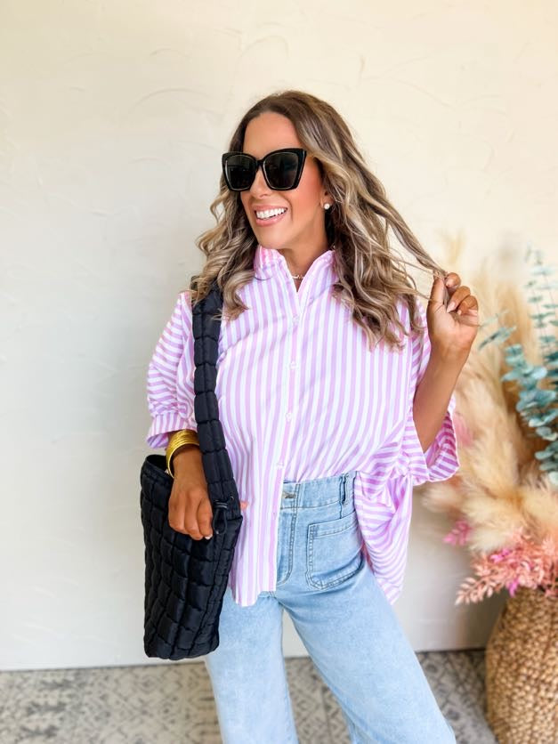 The Glory Days Oversized Button Down Striped Top- Pink
