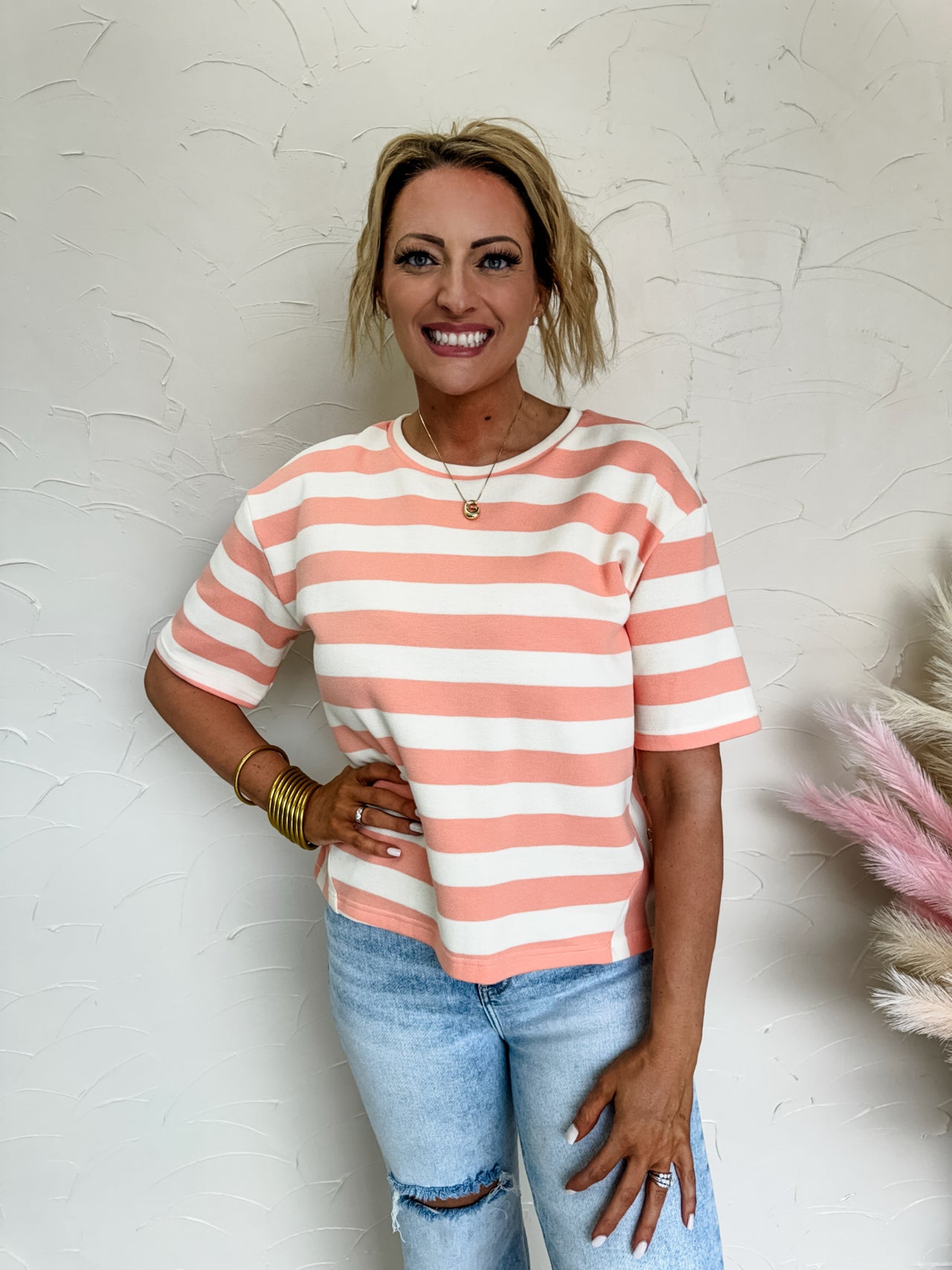 It Takes Me Back Short Sleeve Striped Knit Top- Peach