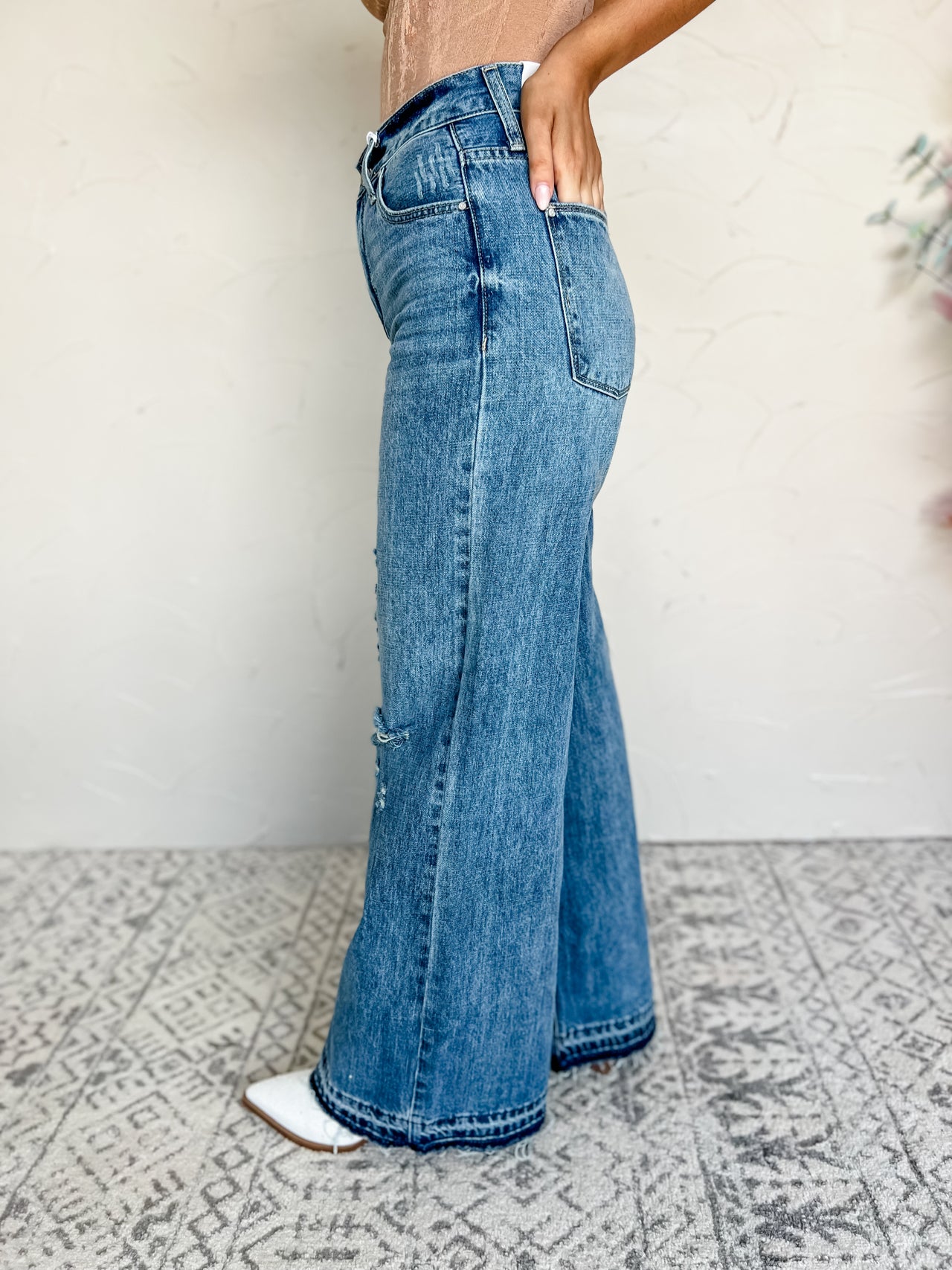 Walk My Way Destroyed High Rise Wide Leg Jeans