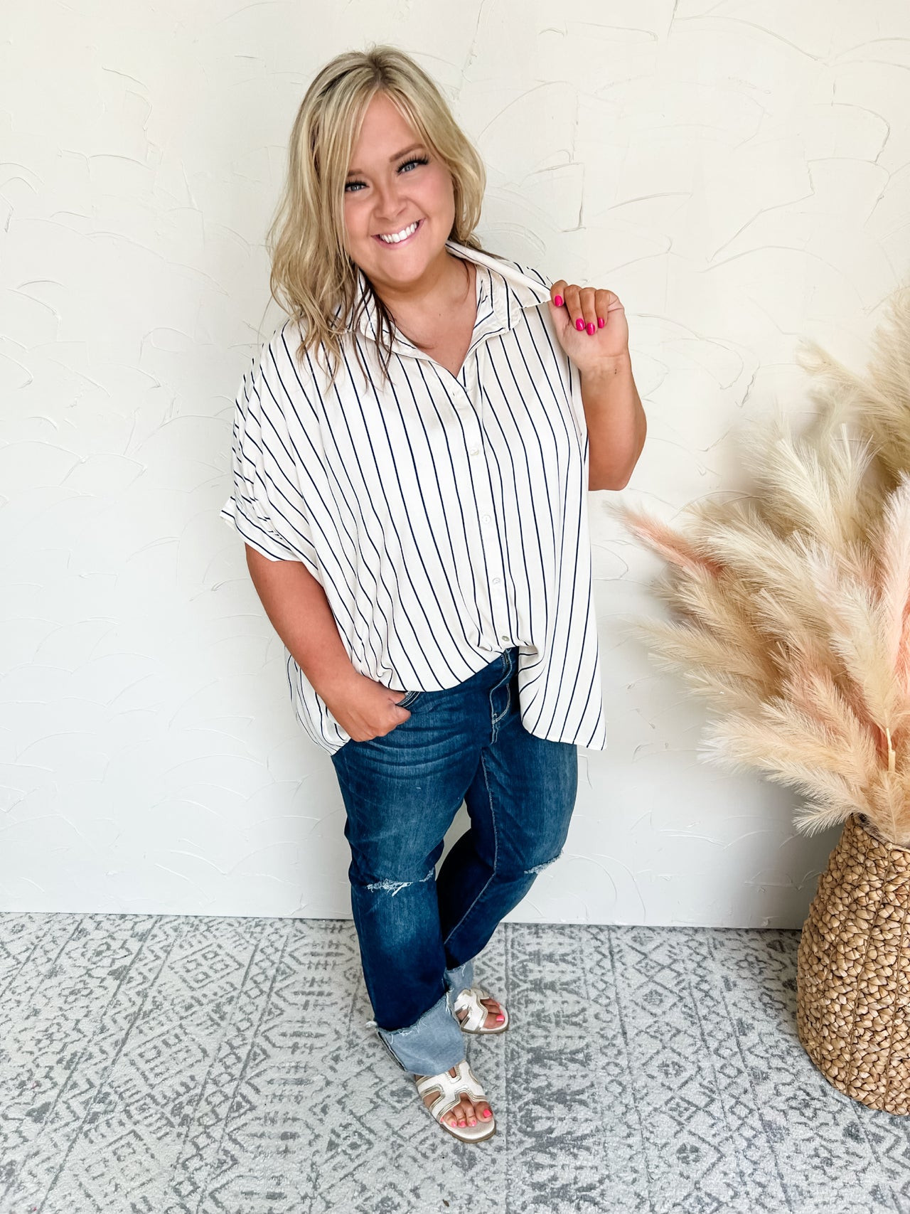 In Her Element Drop Shoulder Striped Top- Light Taupe