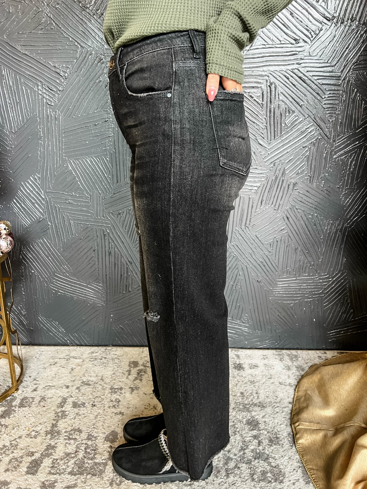 High Fashion High Rise Frayed Wide Jeans- Black