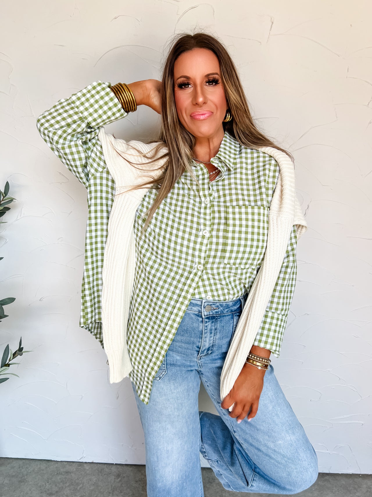 Suddenly Fine Leaf Oversized Gingham Button Down Shirt
