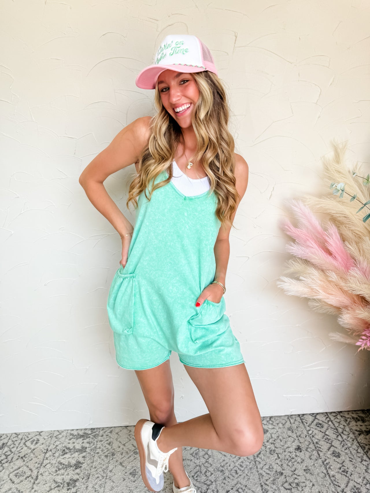 All Around Town Washed Knit Romper- Green