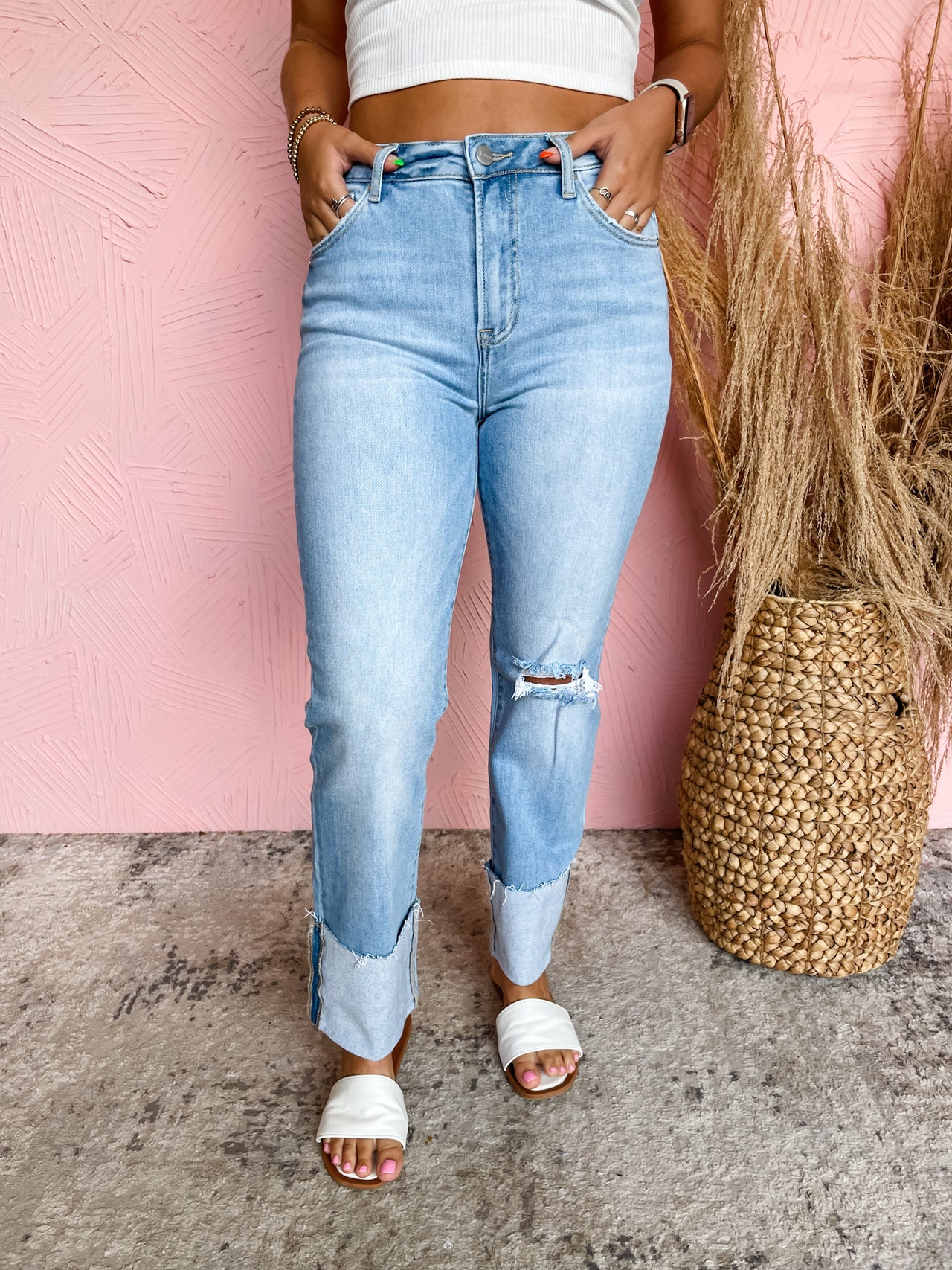 Looking For You High Rise Cuffed Straight Jeans- Light