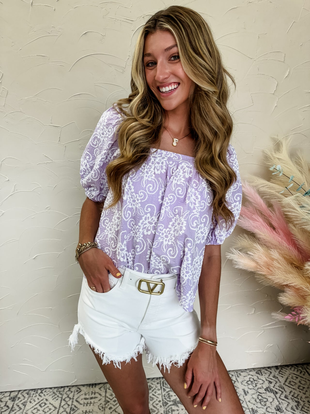 Taking You Uptown Puff Sleeve Square Neck Print Top- Lilac