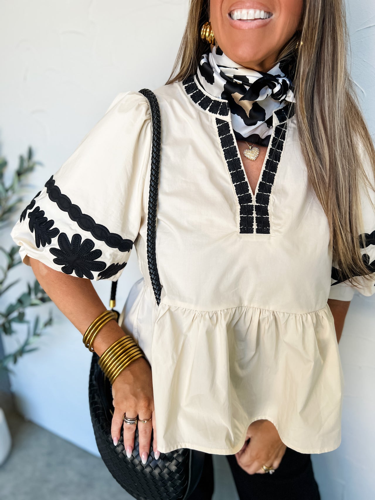 Sweet Moments Embroidered Sleeve Top- Ecru