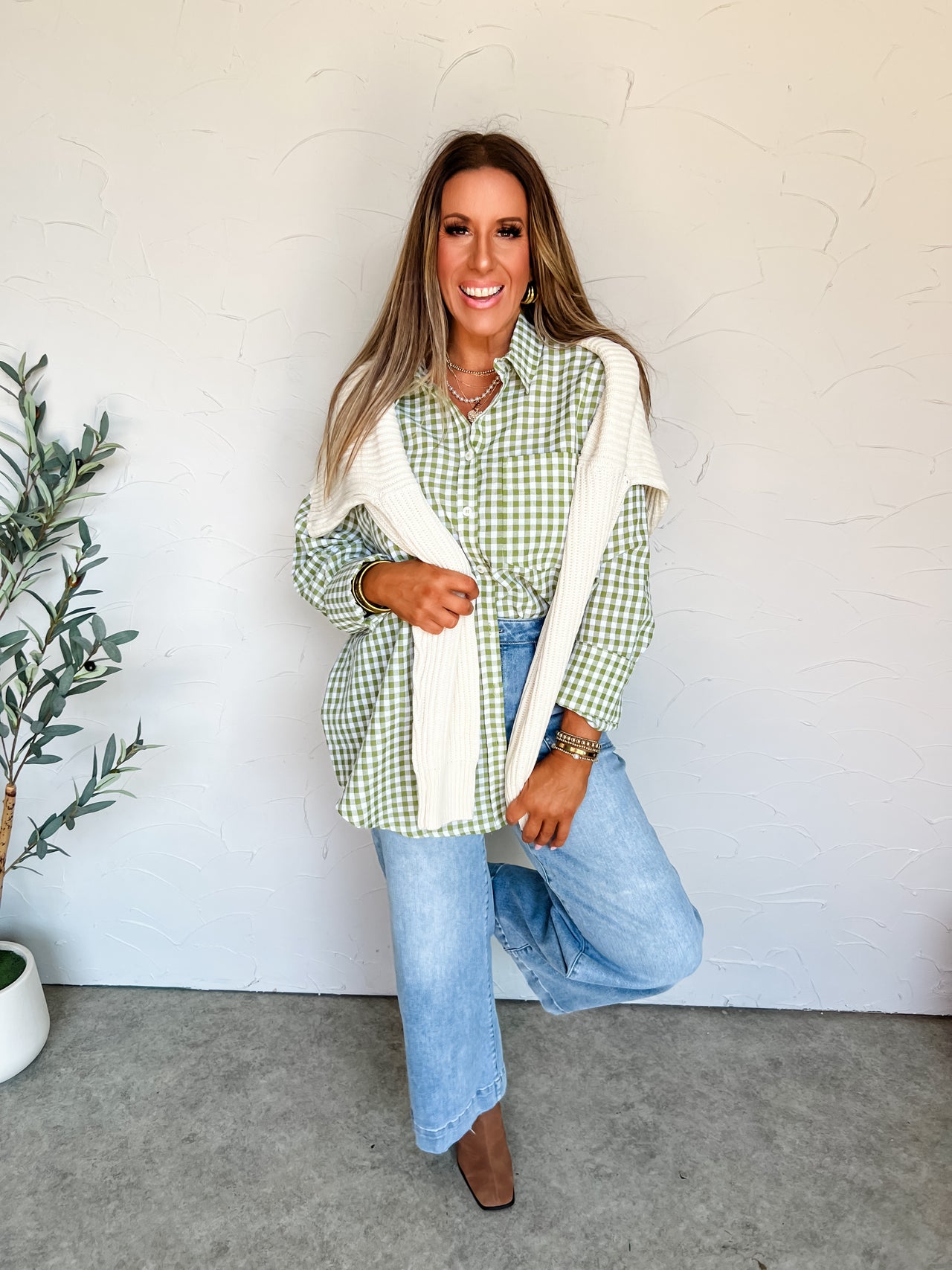 Suddenly Fine Leaf Oversized Gingham Button Down Shirt