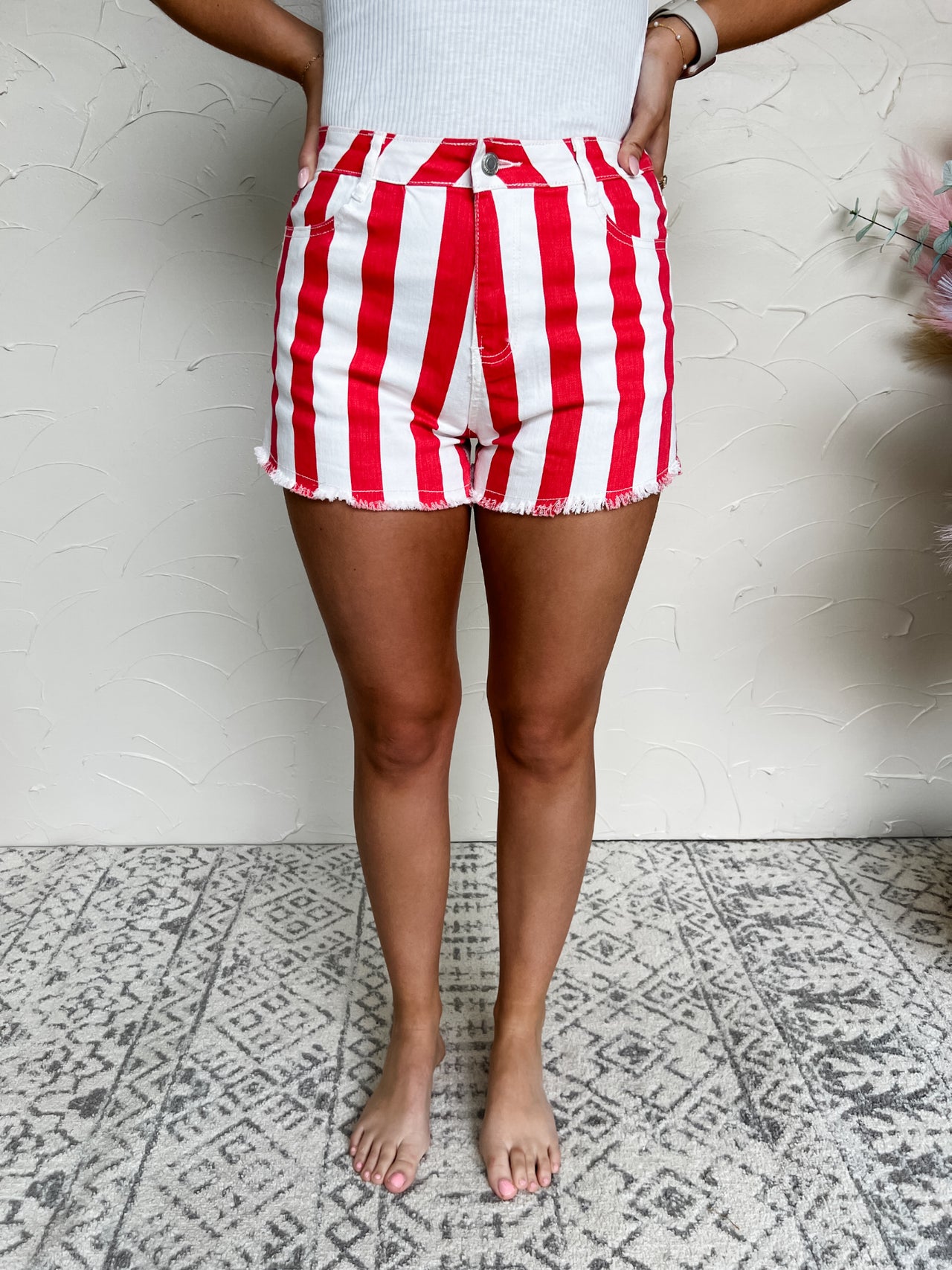 Red Striped Distressed Denim Shorts