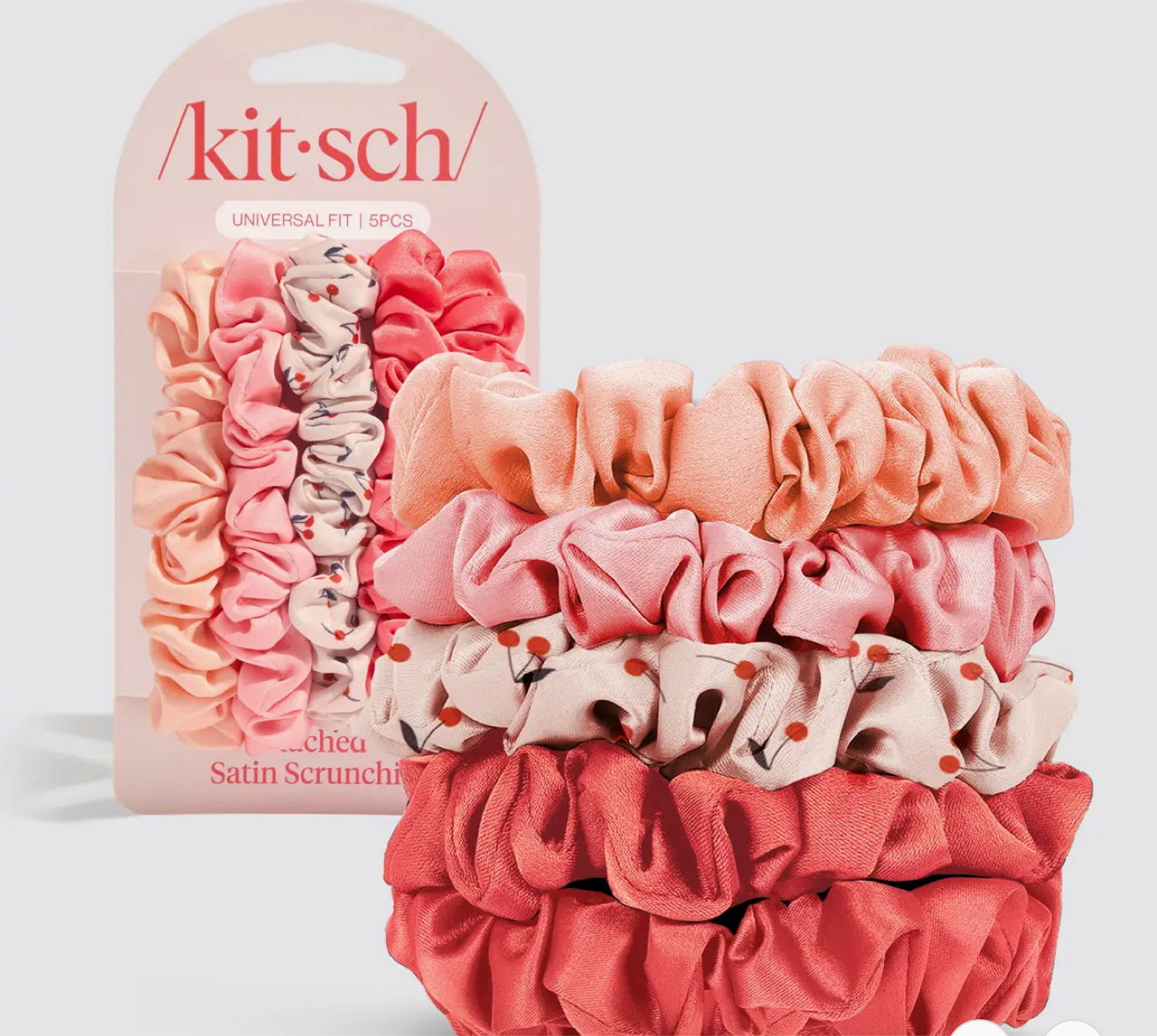 Ruched Satin Scrunchies 5pc Set- Cherry Blossom