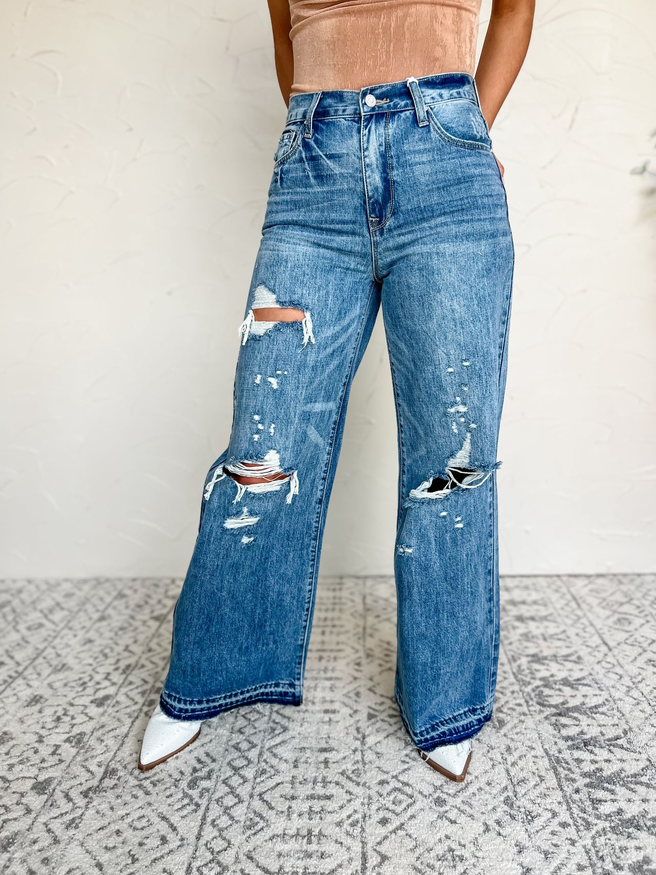 Walk My Way Destroyed High Rise Wide Leg Jeans
