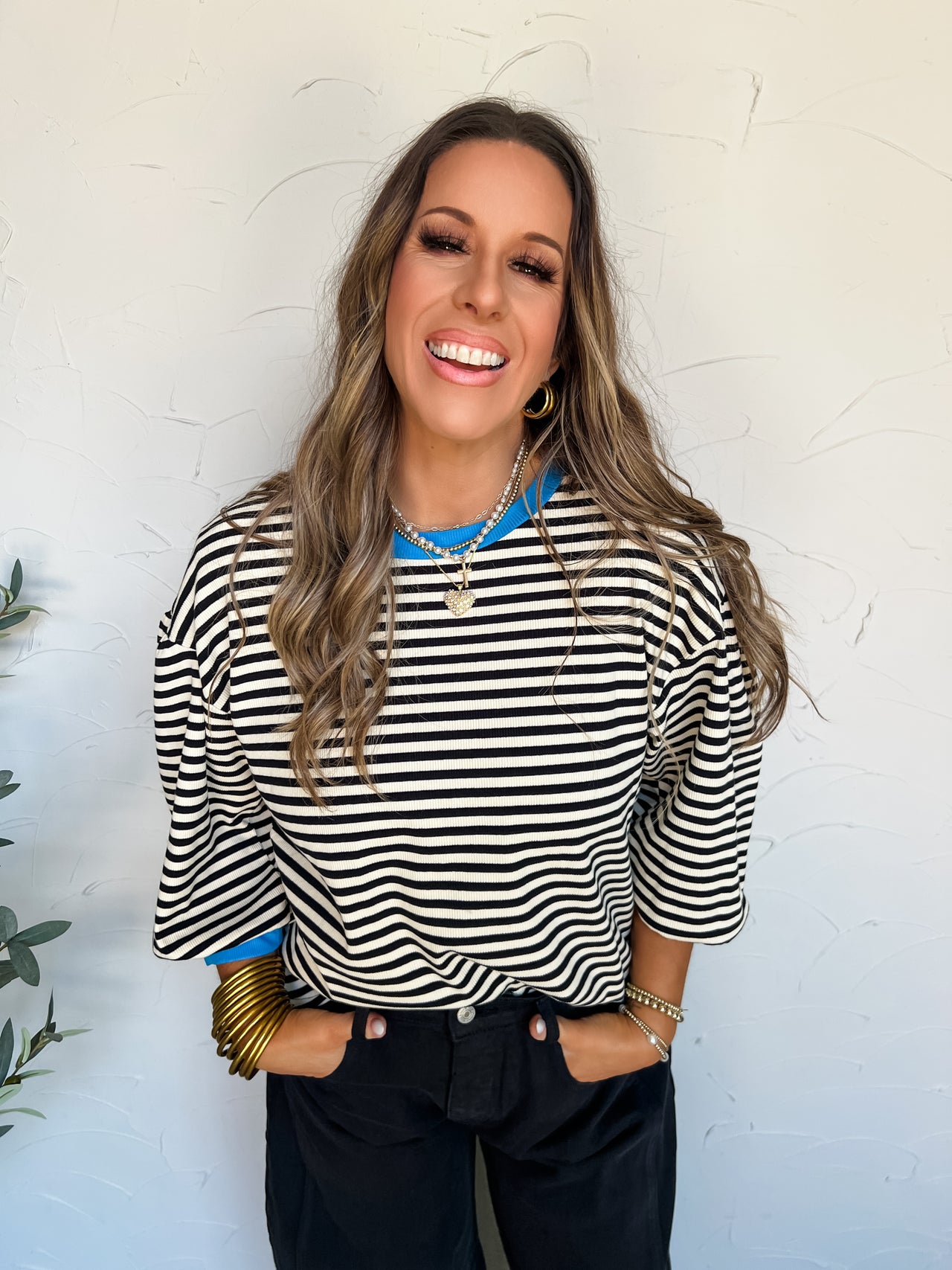 Stripe This Way Round Neck Top- Black