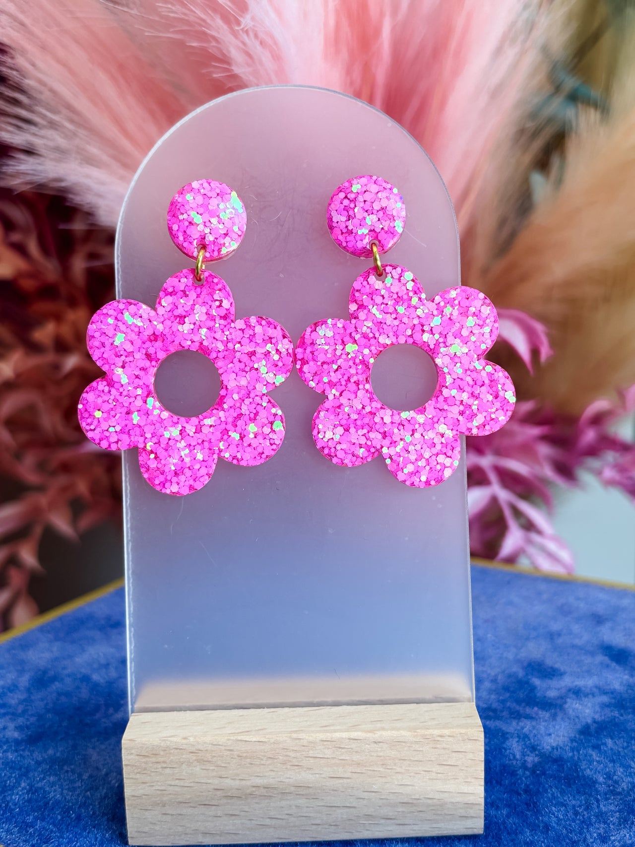 Hot Pink Large Dangle Flowers Earrings