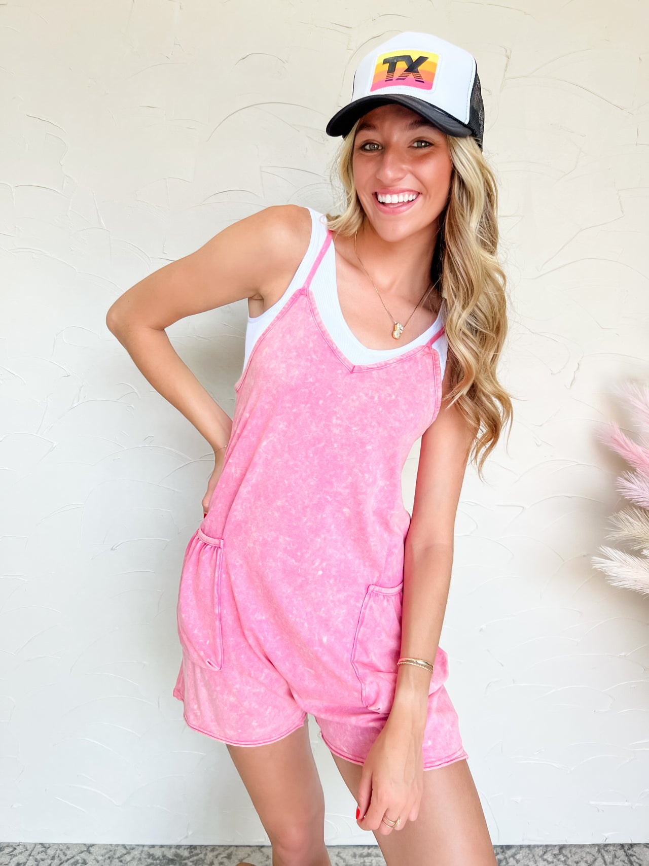 All Around Town Washed Knit Romper- Pink
