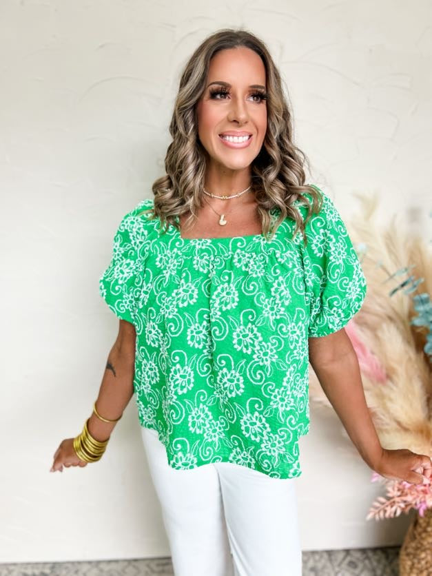 Taking You Uptown Puff Sleeve Square Neck Print Top- Green