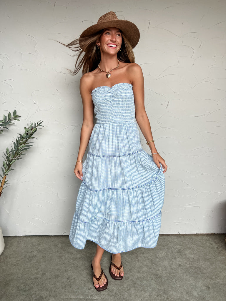 In My Prime Gingham Strapless Tiered Maxi Dress