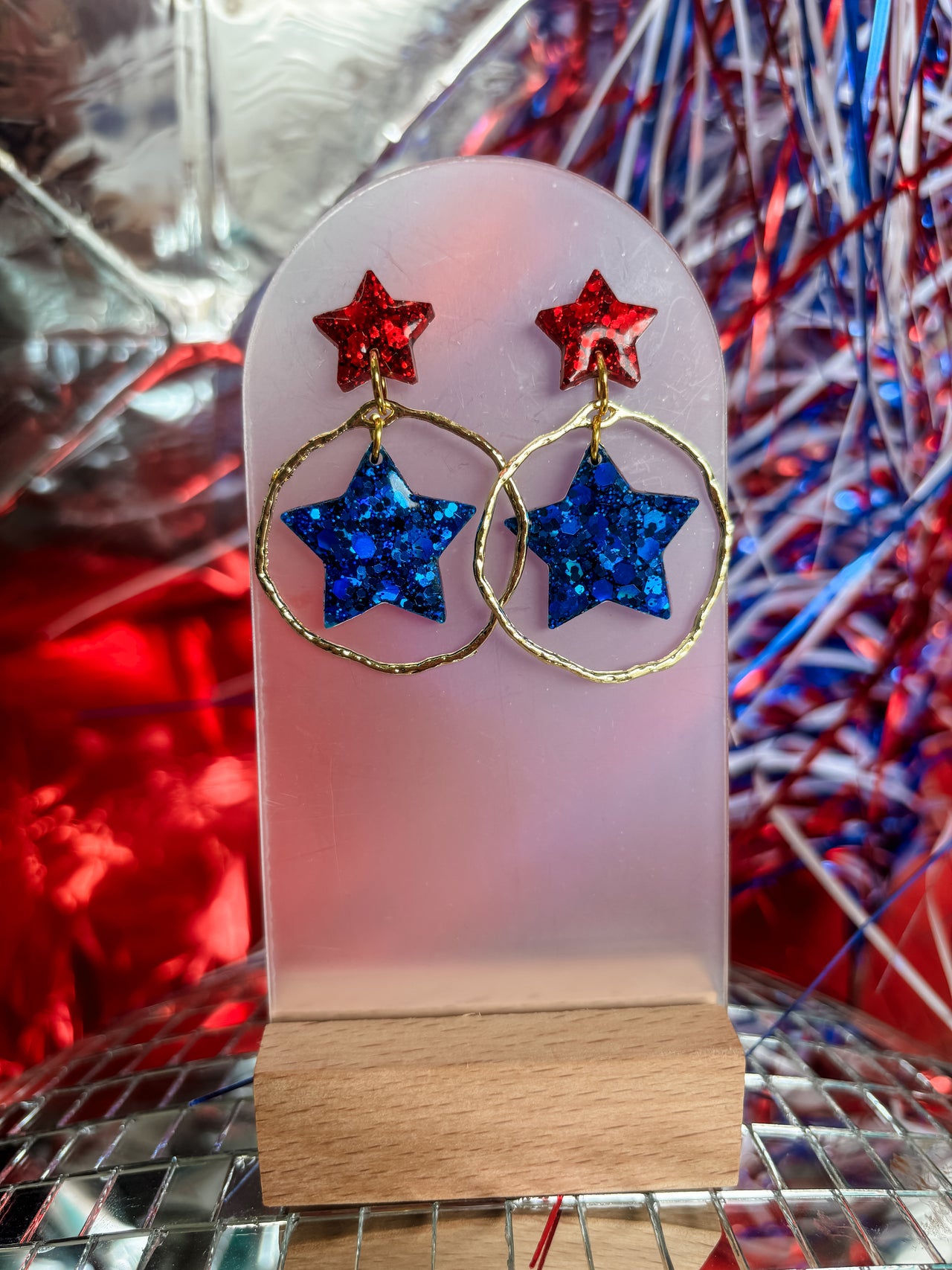 Blue Star and Red Star Stud- Open Circle Earrings