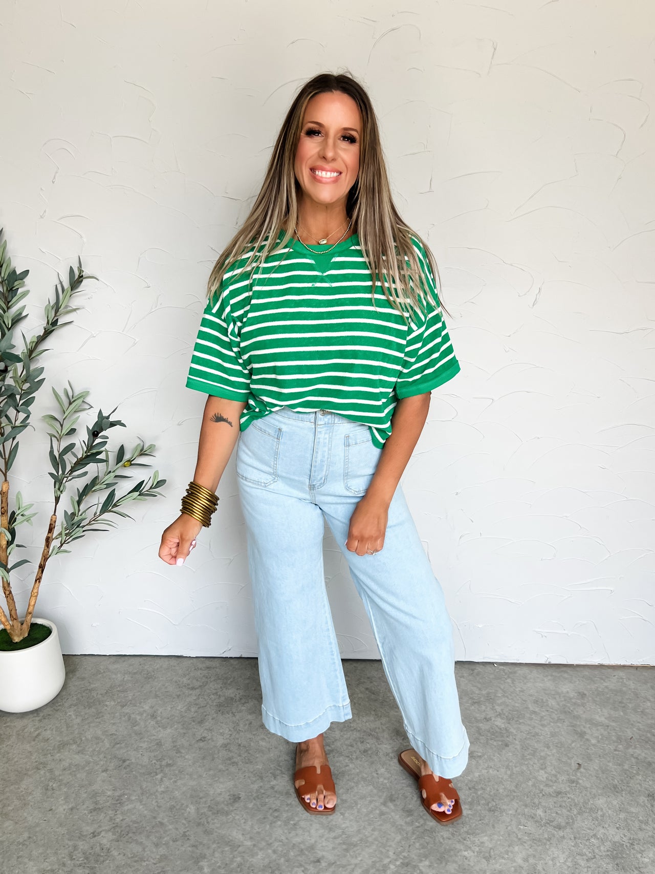 On The Other Side Oversized Stripe Top- Green/Oatmeal