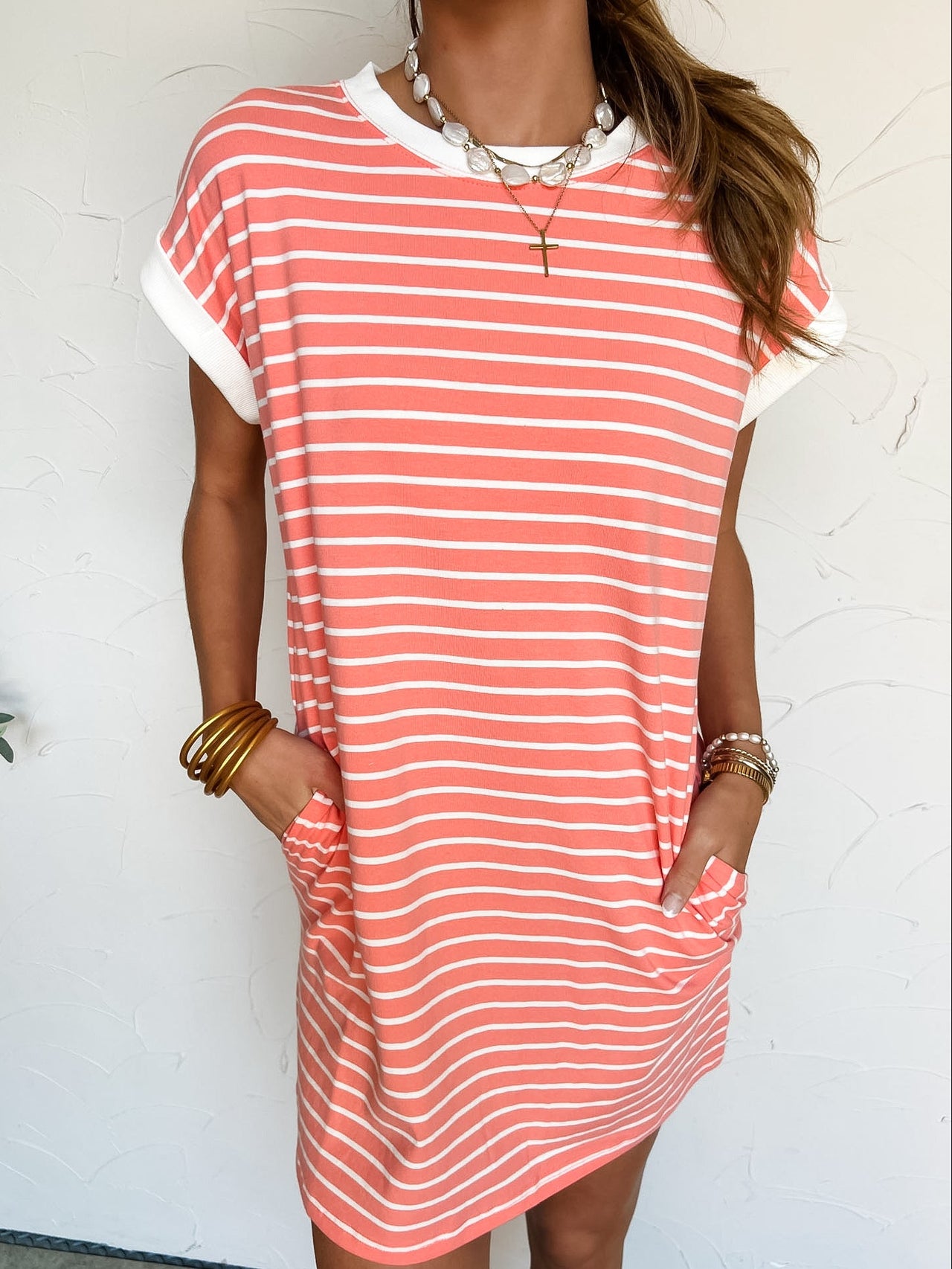You Got Me Striped T- Shirt Dress- Coral
