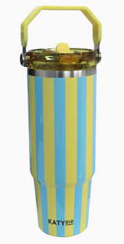 Tumbler with blue and yellow striped design and a top handle on a white background