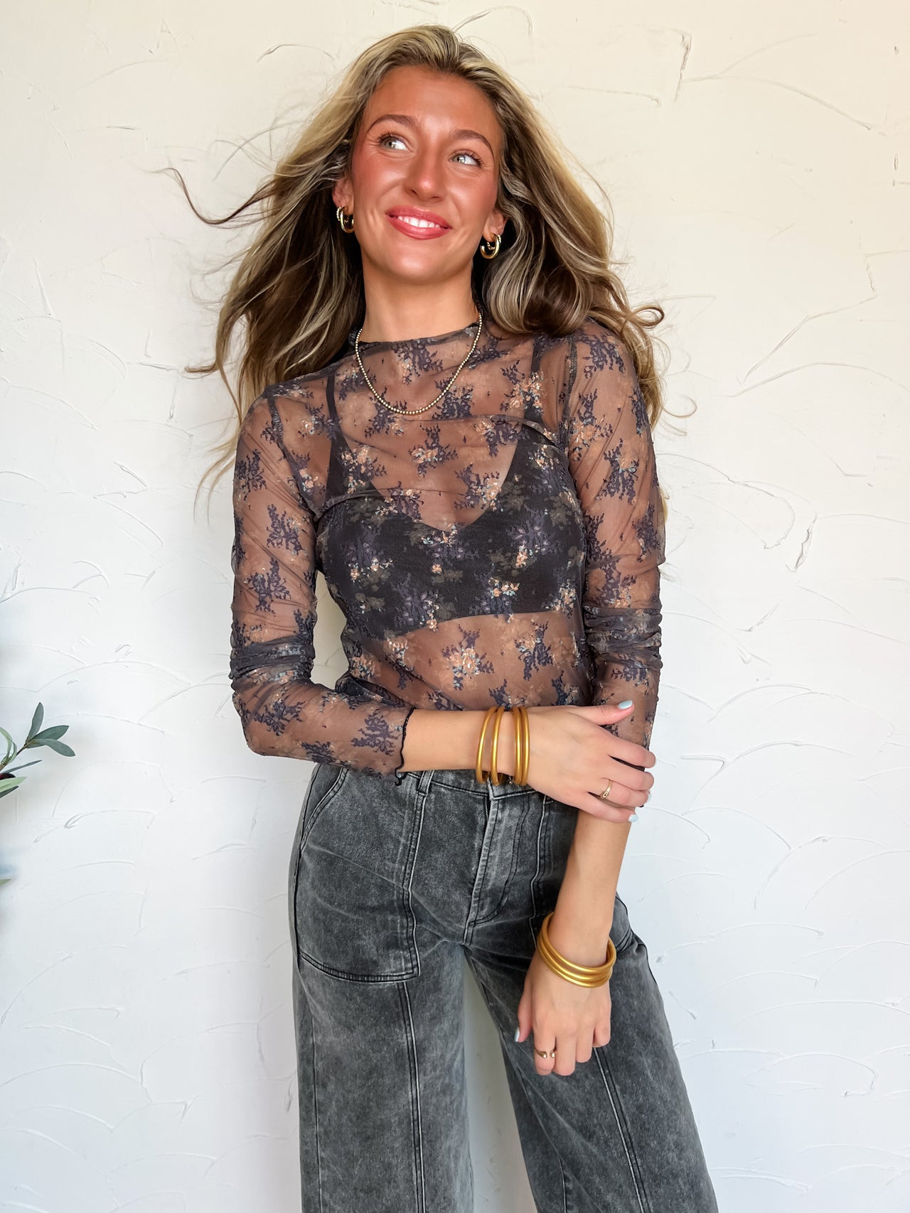 Let's Go For It Floral Mesh Top