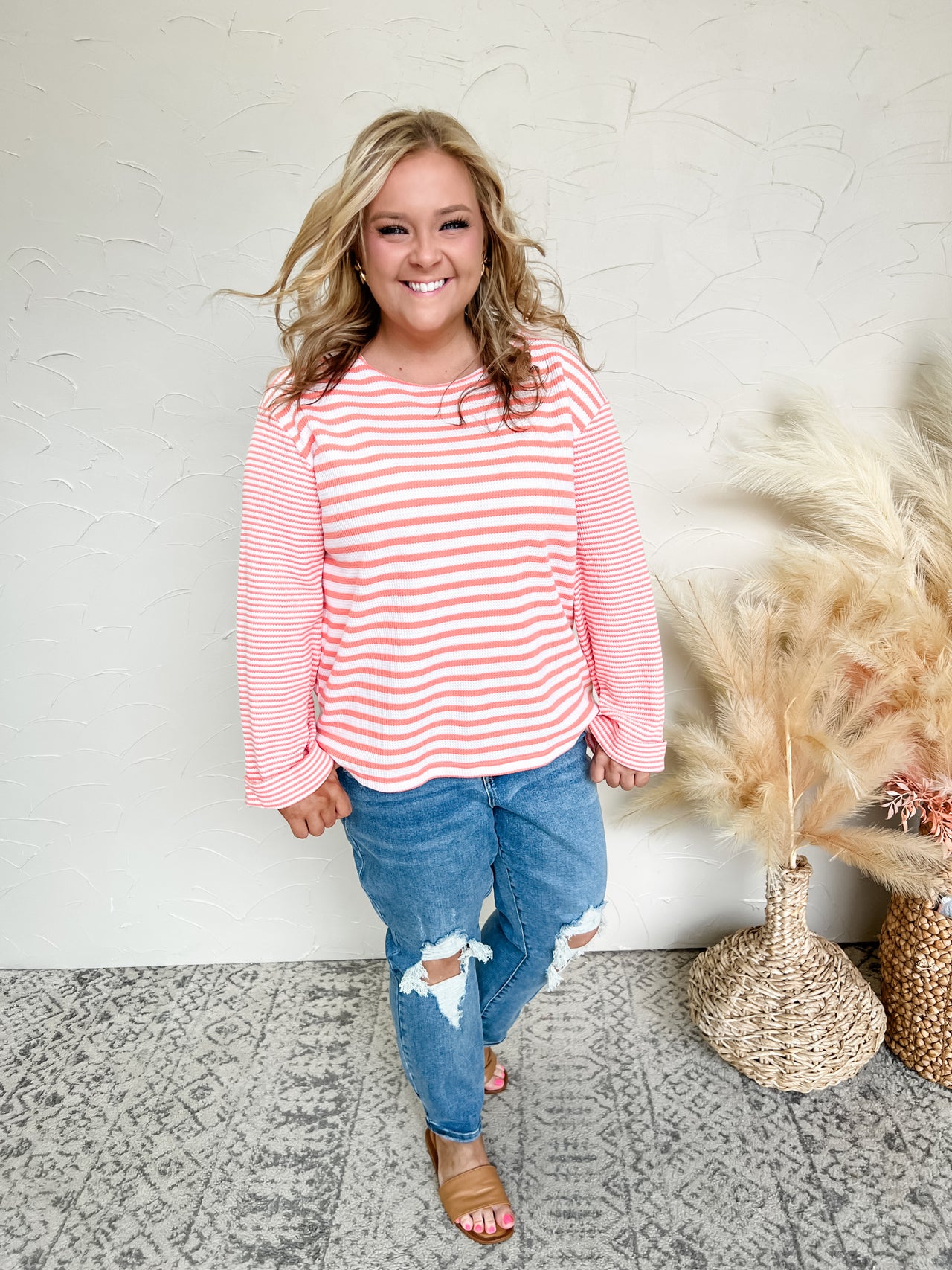 Easy Days Wide Folded Sleeve Stripe Knit Top- Coral