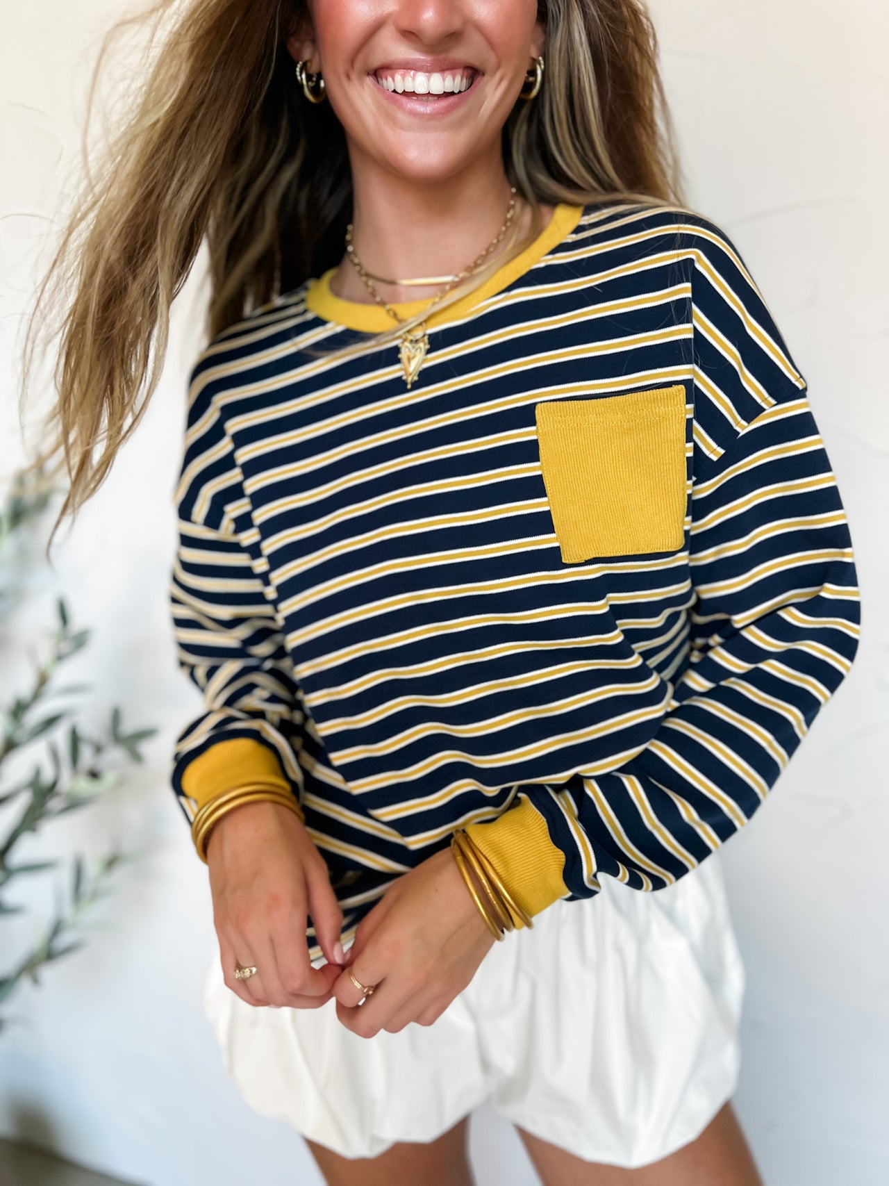 A Balancing Act Striped Crew Neck Top- Navy/Mustard
