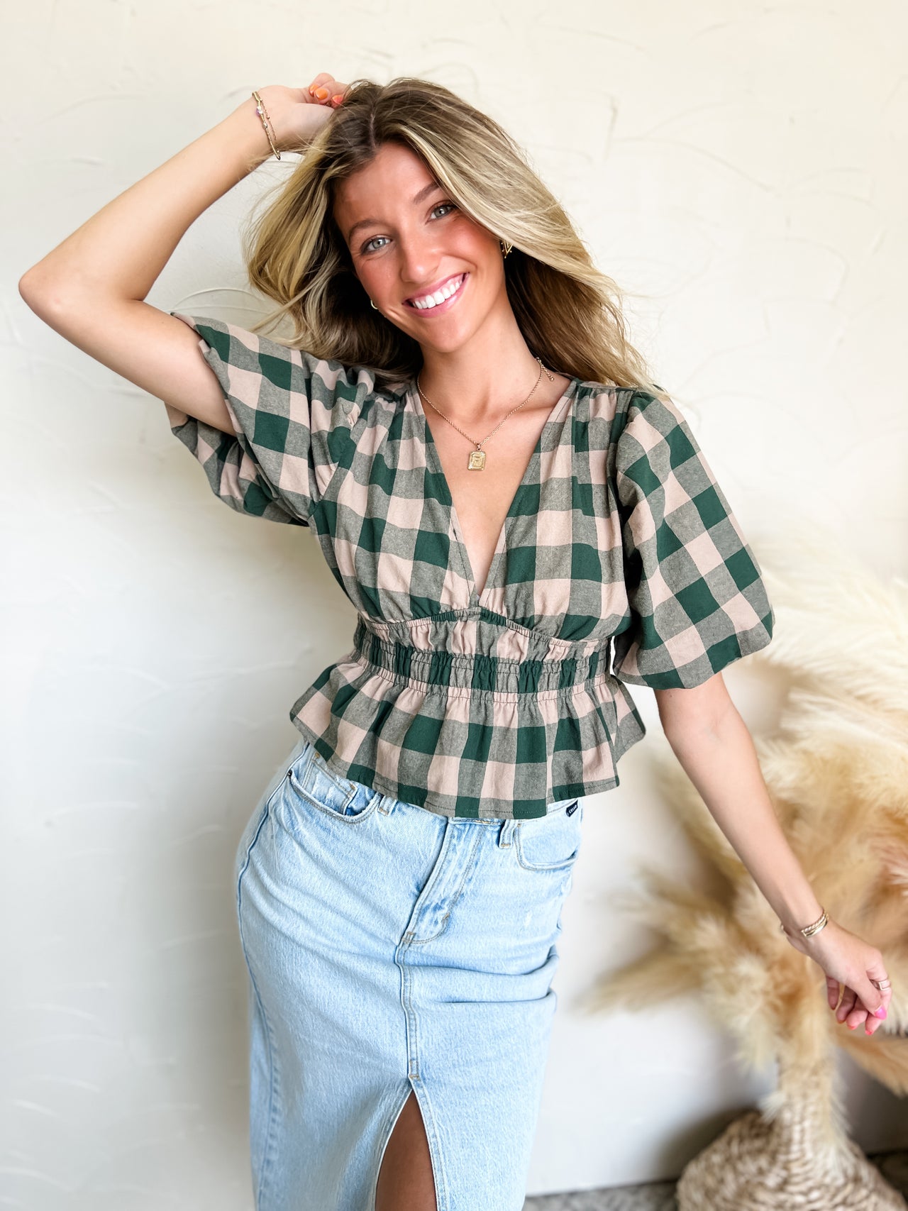 Meet Me At The Patch Gingham Top- Green