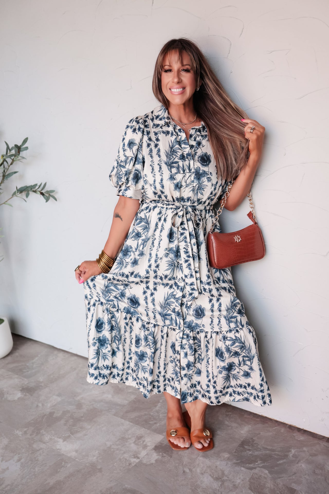 Face The Day Floral Sketch Puff Sleeve Midi Dress