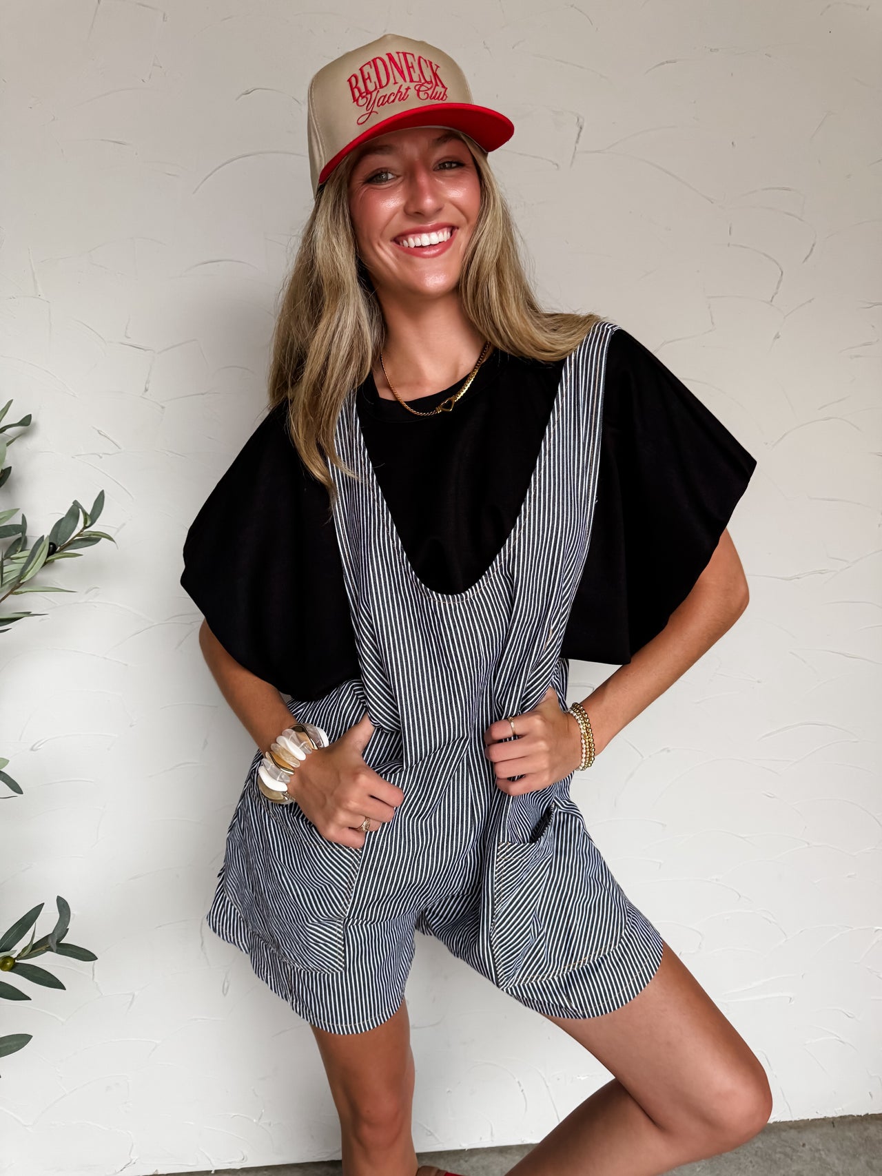 Ready For Action Striped Overall Romper- Black