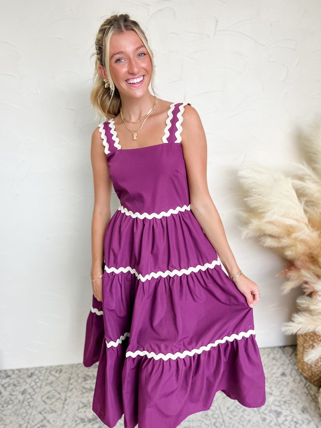 Delicate Dream Striped Tiered Dress- Plum