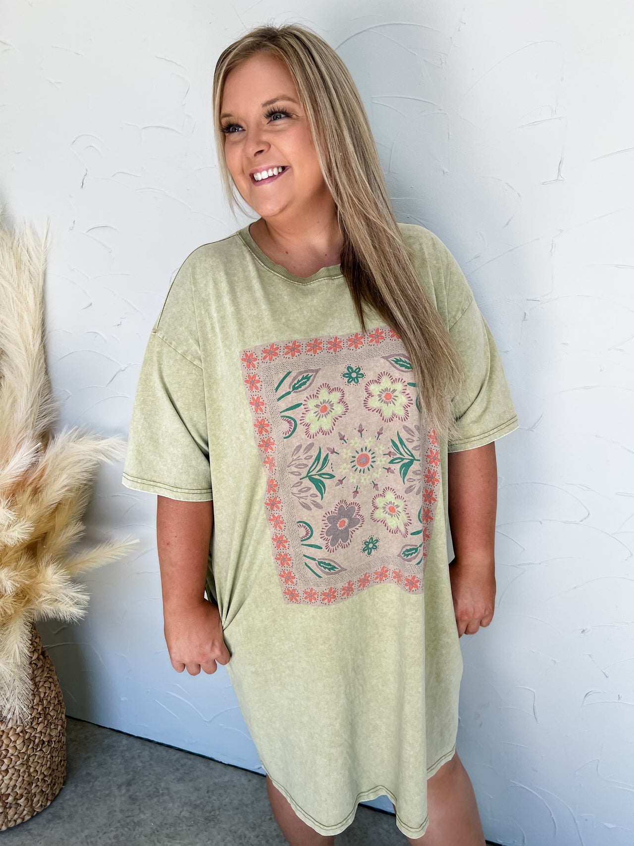 Boho Graphic Floral T-Shirt Dress- Faded Sage