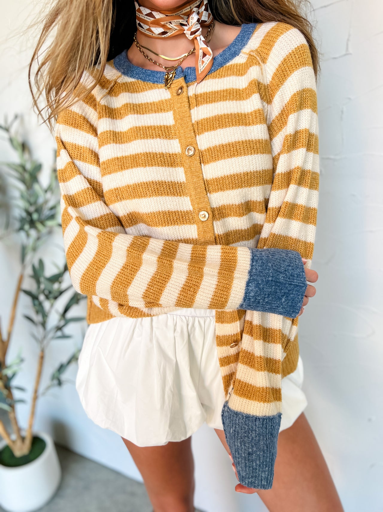 One To Remember Contrast Rib Sweater Cardigan- Misty Marigold