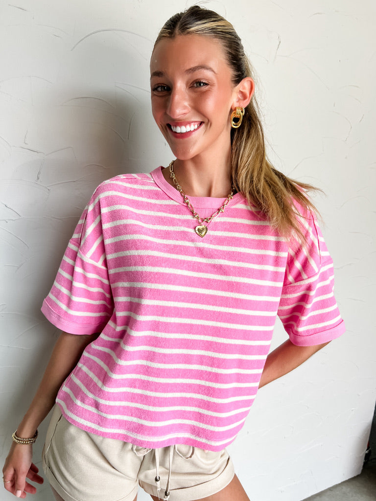 On The Other Side Oversized Stripe Top- Pink/Oatmeal