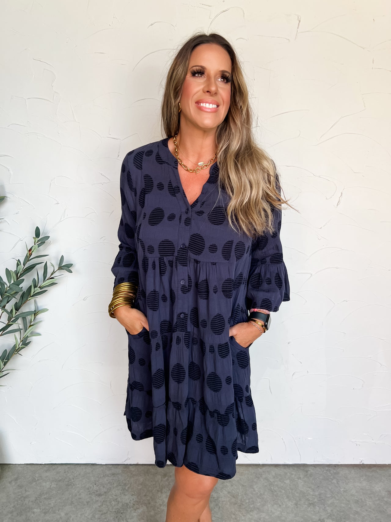 Covered In Love Swiss Dot Jacquard Dress- Navy