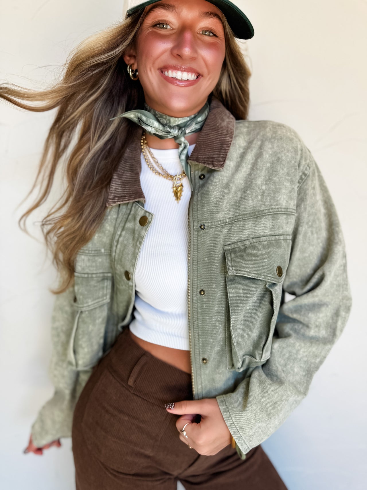 Work From Home Corduroy Twill Crop Jacket- Olive