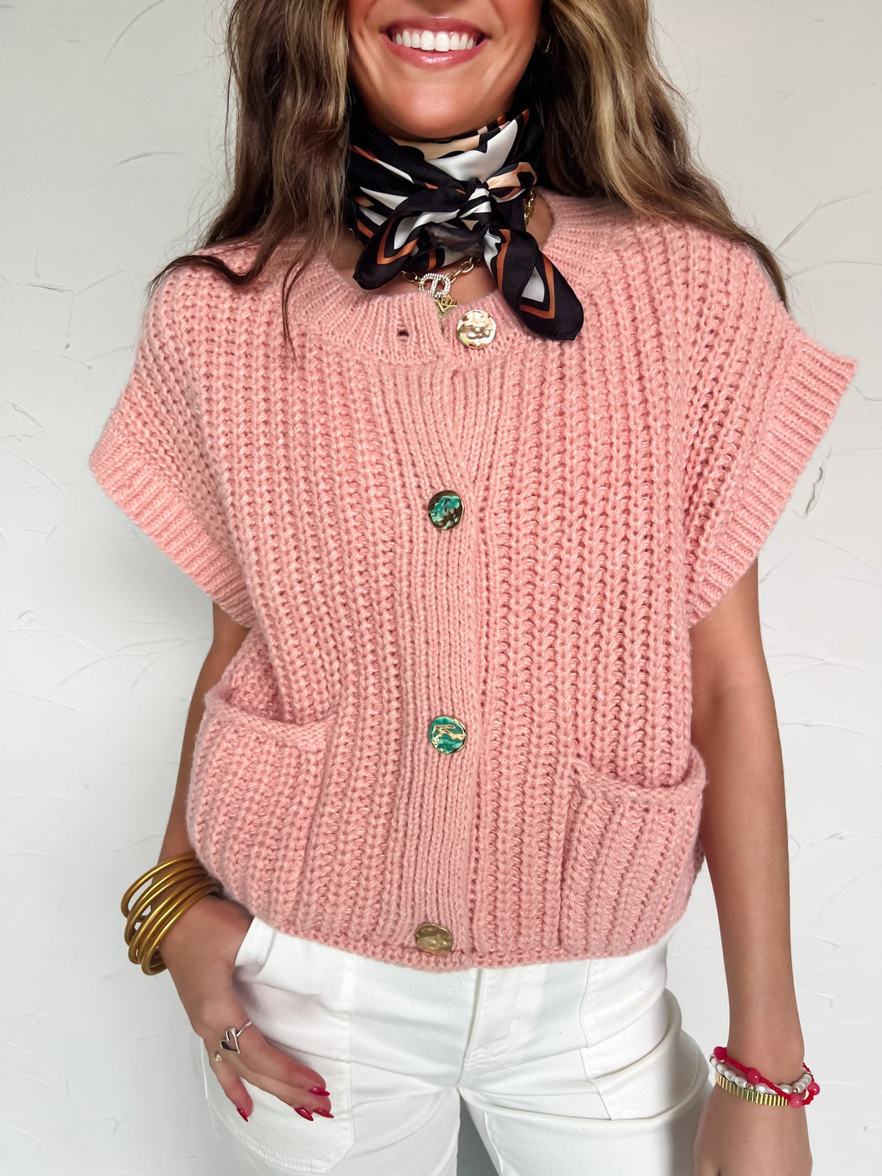 No Looking Back Button Down Knit Sweater Top- Blush