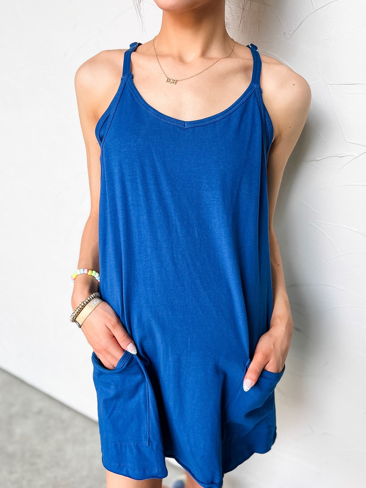 It's The Little Things Romper Lined Dress- Lt Navy