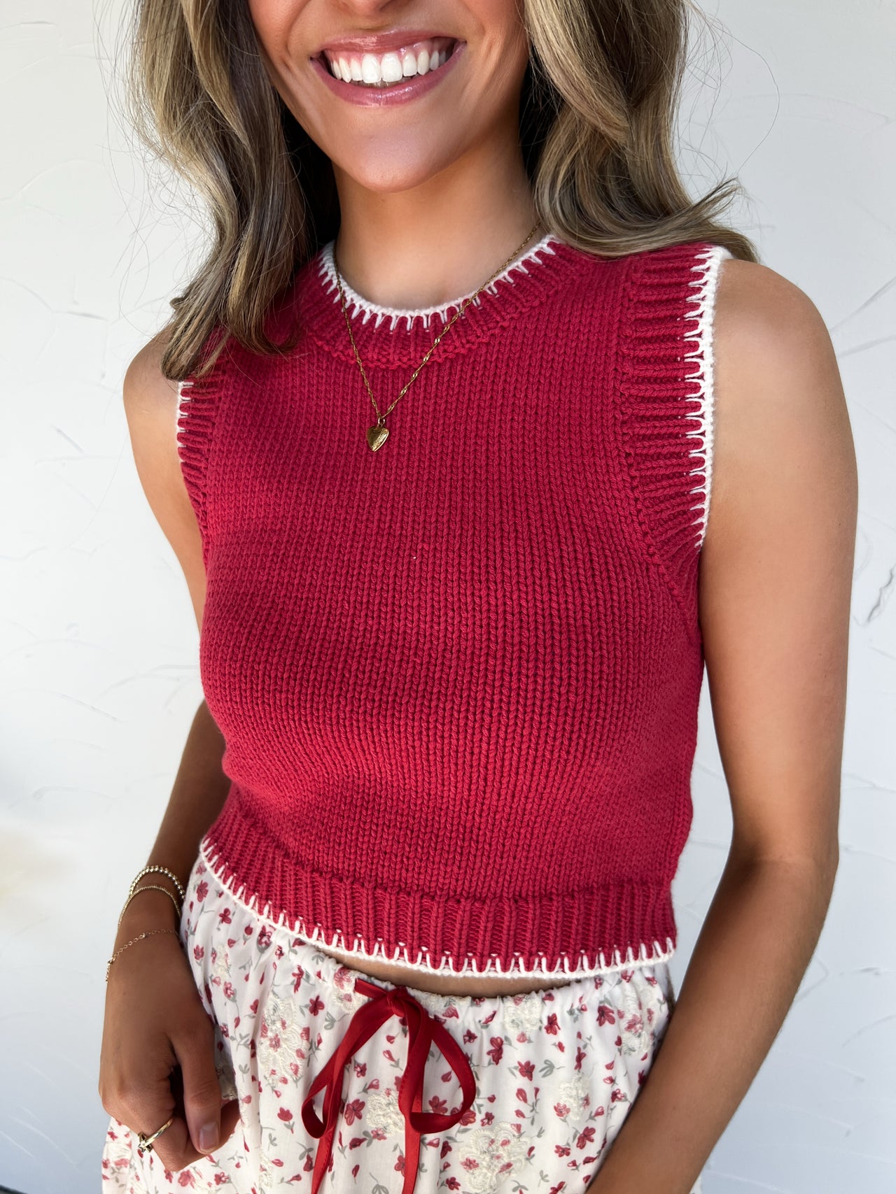 No Way Around Stitching Sweater Top- Blush-Red