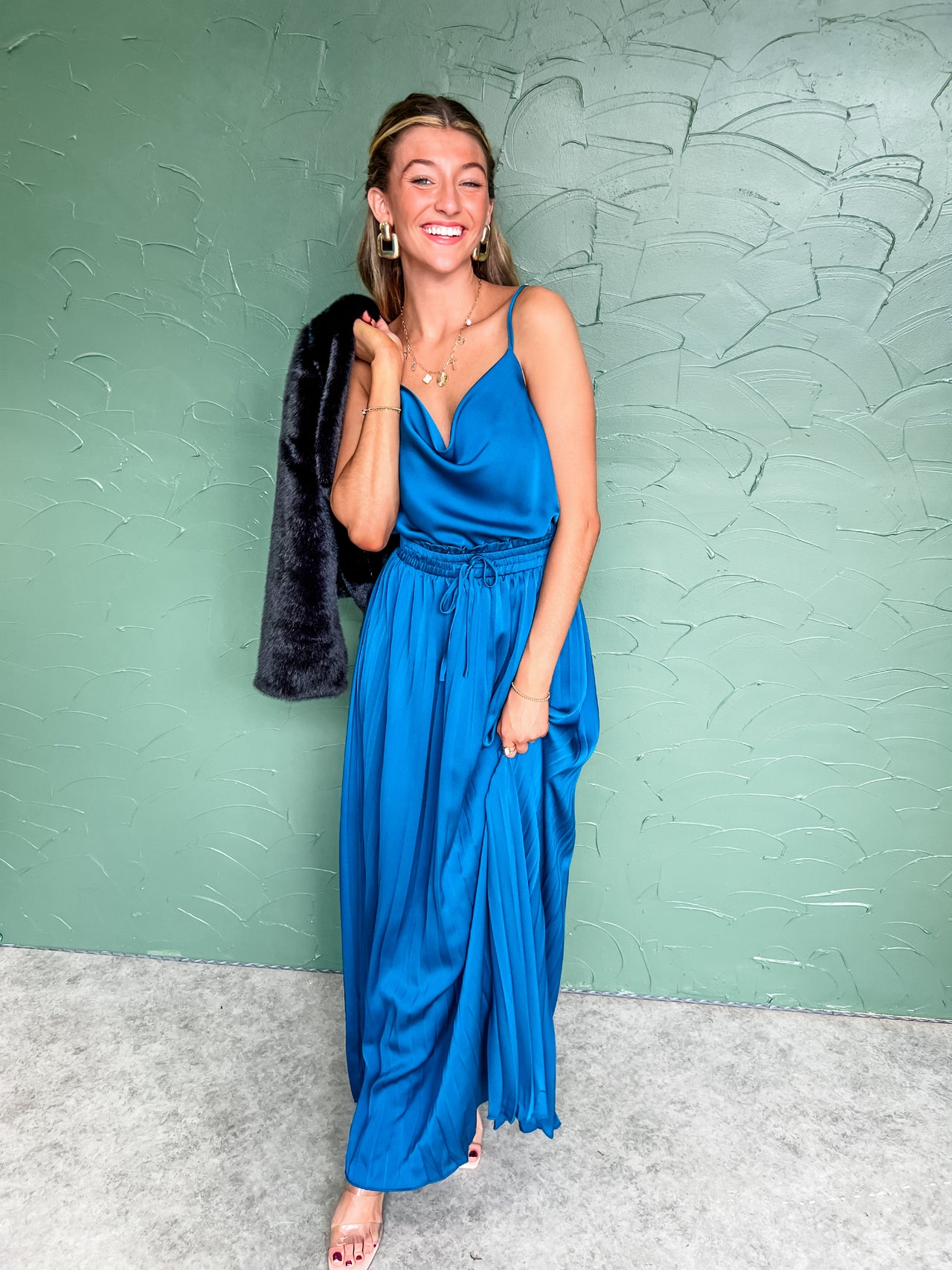 Find The Answer Cowl Neck Satin Maxi Dress- Teal