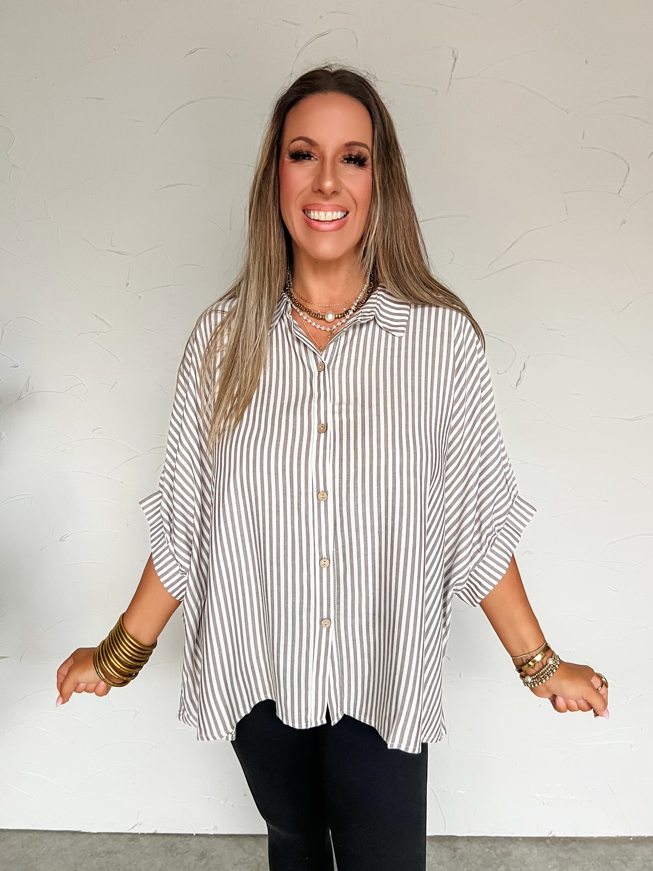 Best Thing In Life Rayon Striped Button Up Top- Brown