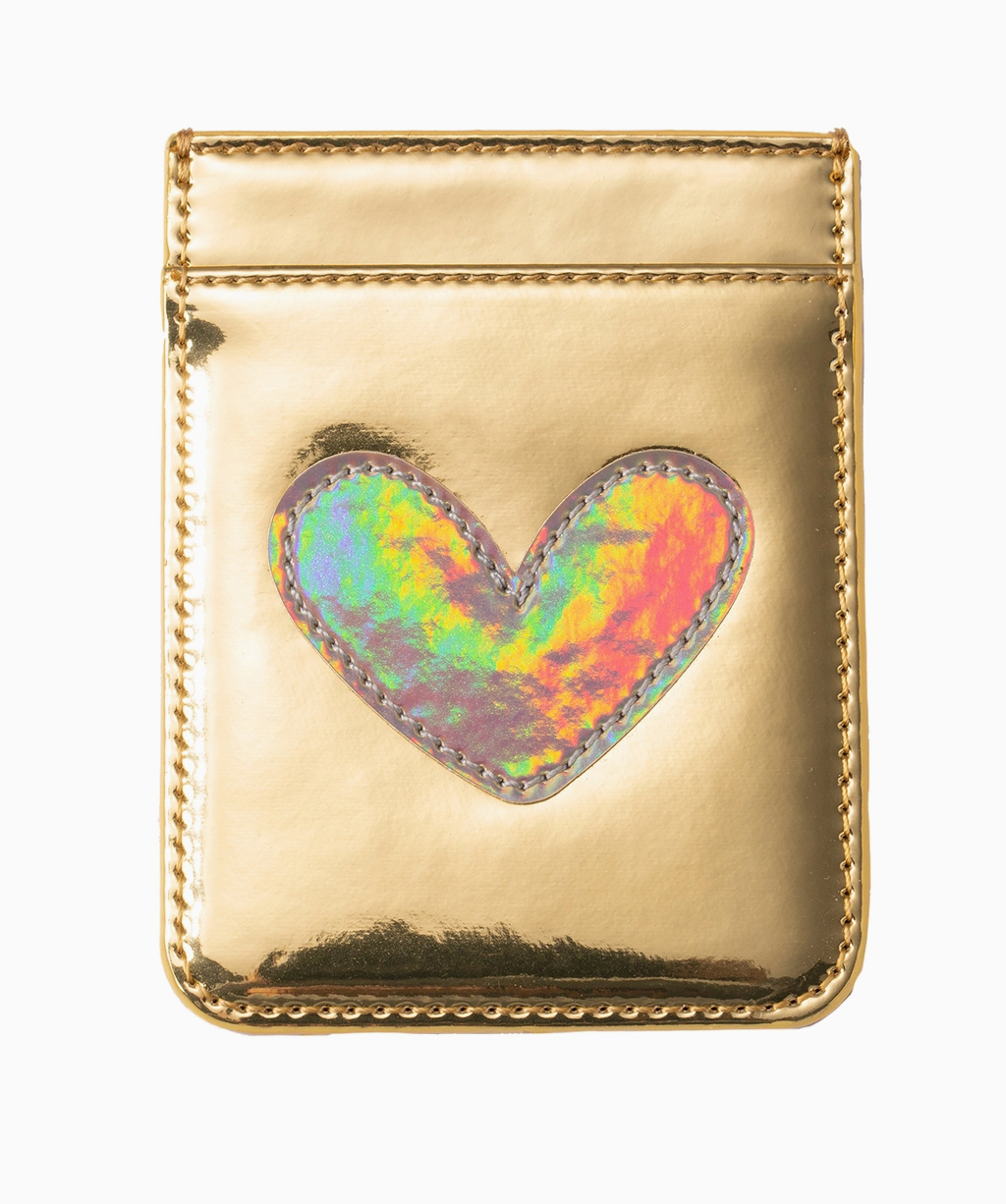 Holographic gold cardholder with a heart design on a white background