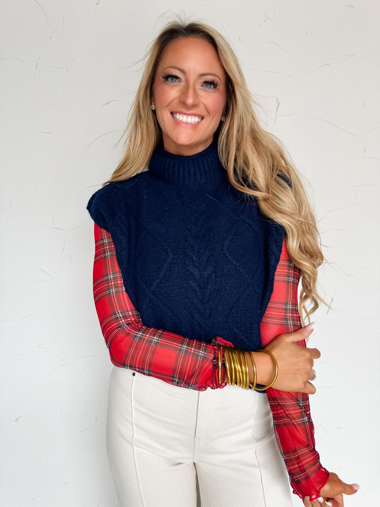 True To You Navy Mock Neck Cable Knit Sweater