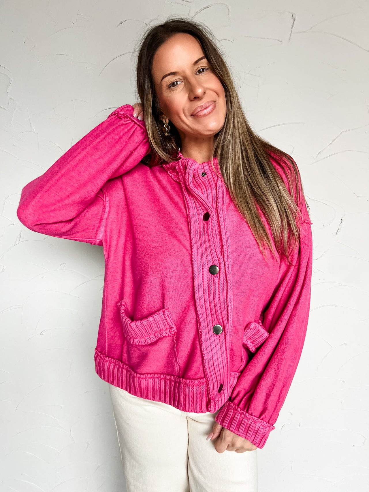 In The Know Fuchsia Vintage Ribbed Cardigan