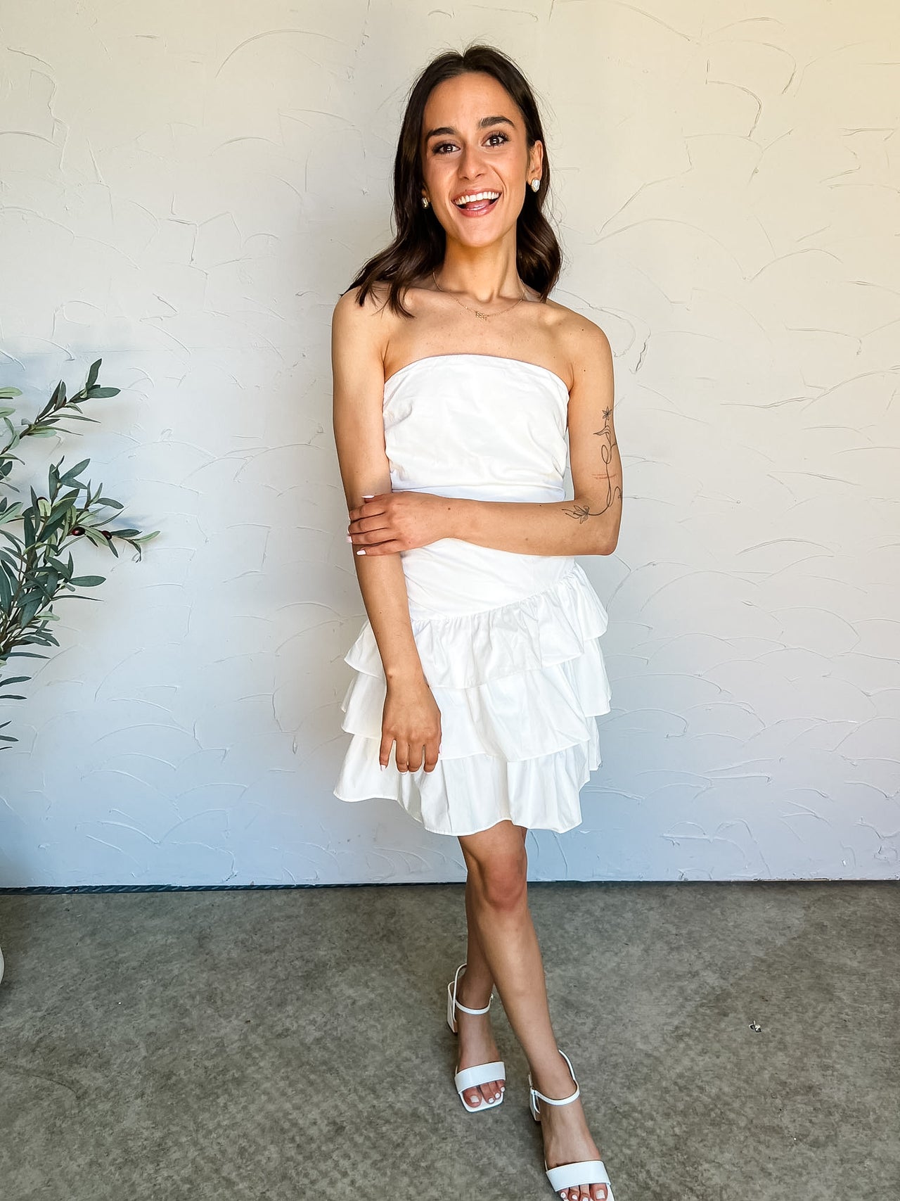 Perfect Timing Strapless Ruched Romper Dress- White